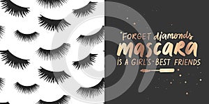 Golden Vector quote about mascara, lashes, makeup and seamless pattern. Fashion set