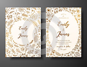 Golden vector wedding invitation with hand drawn twigs, flowers and brahches. Golden botanical template for wedding