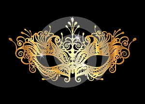 Golden Venetian mask realistic with laser cut gold embroidery. Stylish Masquerade Party. Mardi Gras card invitation. Night Party photo