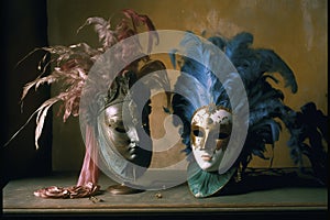 golden Venetian masks , focus on a foreground. ai generative.