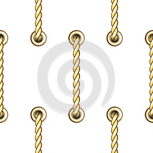 Golden Vertical Straped Ropes with Metal Eyelets Seamless Pattern.