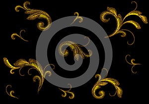 Golden Victorian Embroidery Floral Ornament. Stitch texture fashion print seamless pattern gold flower Baroque design