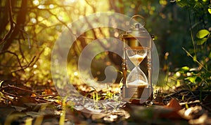 Golden vintage antique hourglass in an sunlight forest, concept of time
