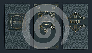 Golden vintage card. Vector illustration for retro design. Gold elegant frame. Label set. Luxury invitation background