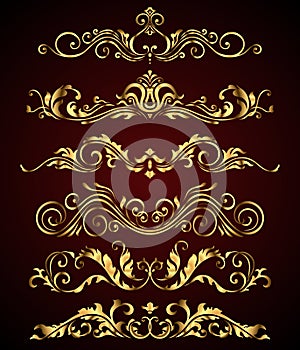 Golden vintage elements and borders set for ornate decoration.