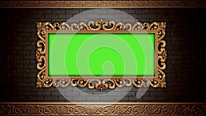 Golden vintage frame on brick wall. Design retro element. Green screen