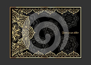 Golden vintage greeting card on a black background. Luxury ornament template. Great for invitation, flyer, menu, brochure, postcar