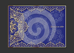 Golden vintage greeting card on a blue background. Luxury ornament template. Great for invitation, flyer, menu, brochure, postcar
