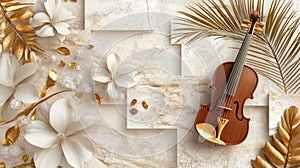 Elegant Violin and White Flowers with Gold Accents on Marble Background