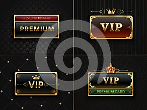 Golden Vip frame. Premium banner with gold insignia crown. Black luxury invitation card with gold frames. Exclusive