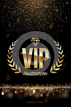 Golden VIP invitation template - type design with diamond, laurel wreath and golden glitter on dark luxury background