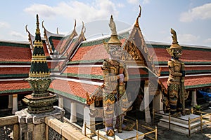 Golden Warrior statues, grand palace, heart of Bangkok, Thailand.
