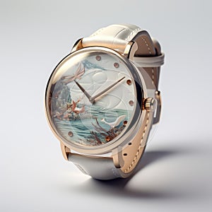 Elegant Bird-themed Watch With Realistic Seascapes And Fairy Tale Illustrations photo