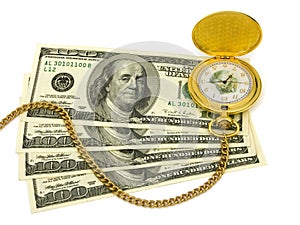 Golden watch on money