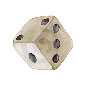 Golden watercolor dice with black dots isolated on white background. Gambling concept