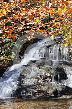 Golden waterfall: Waterfall framed with yellow and orange fall leaves and water