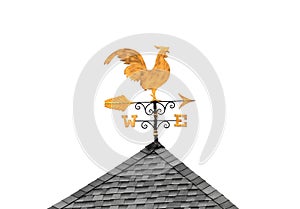 Golden weather vane chicken on roof isolated on white