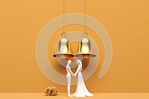 golden wedding bells hanging from the ceiling of a room