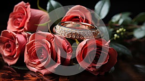 Golden wedding ring laying on a wooden surface next to two vibrant red roses, AI-generated.