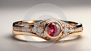 Golden wedding ring with ruby isolated on a white background. 3D rendering.