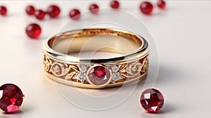 Golden wedding ring with ruby isolated on a white background. 3D rendering.