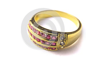 Golden Wedding Ring with Ruby on white background