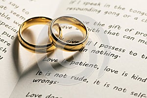 Golden wedding rings on bible book