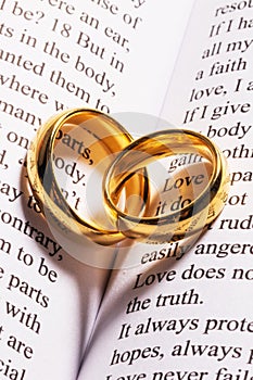 Golden wedding rings on bible book