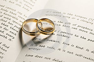 Golden wedding rings on bible book