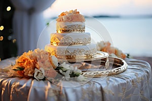 Golden wedding rings displayed on a white pillow, with the brides ring