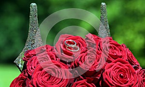 Golden wedding rings on red roses in front of the lancets