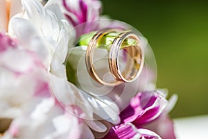 Golden wedding rings on the spring white and purple flowers
