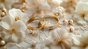 Golden wedding rings with white flowers on white lace