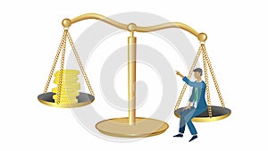 Golden weight scale with man on one side and money on the other. Vector illustration.