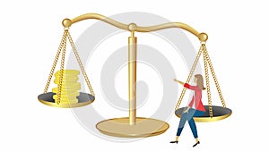 Golden weight scale with woman on one side and money on the other. Vector illustration.