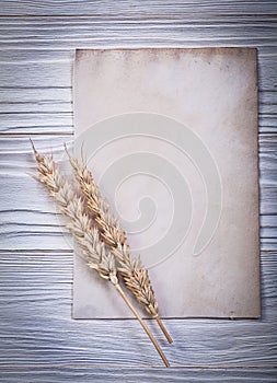 Golden wheat ear blank vintage paper sheet on wooden board direc