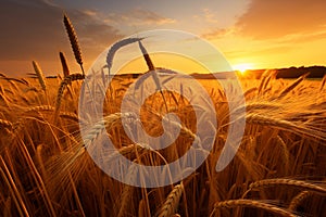 Golden wheat ears growing in agricultural field at sunset. Generative AI