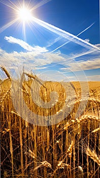 Golden wheat field with blue sky and sun rays illustration Artificial Intelligence artwork generated