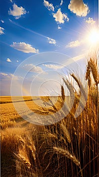 Golden wheat field with blue sky and sun rays illustration Artificial Intelligence artwork generated