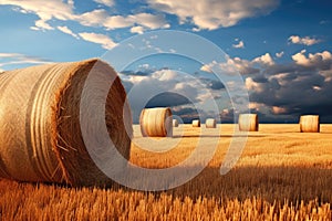 Golden wheat field with hay bales under a sunset sky