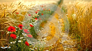 Golden Wheat Field Path with Poppies in Bloom, a Touch of Spring in the Countryside. Serene Nature Scene for Calm