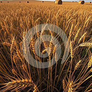 Golden wheat field with ripe Triticum aestivum under warm sunlight. Tall stalks and photo