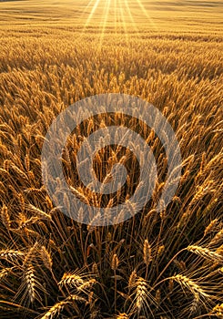 Golden wheat field with stalks (Triticum aestivum) extending toward the sun-drenched photo