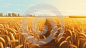 Golden wheat field and sunny day photo realistic. Al generated