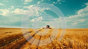 Golden wheat field under blue skies with a harvester at work. Rural farming landscape, calm and serene. Harvest time in