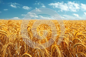 Golden Wheat Field Under Blue Sky: An Ode to Agriculture. Concept Agricultural Landscapes, Wheat Farming, Rural Scenery, Natural