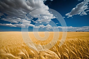 golden wheat field under blue sky with white clouds, agricultural landscape