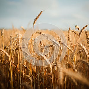 Golden wheat field under a clear sky, featuring mature stalks of Triticum aestivum. photo
