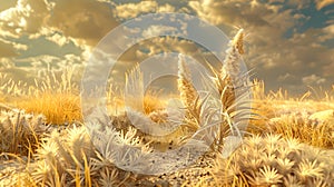 Golden wheat field under a majestic cloudy sky at sunset. nature's bounty in warm light. ideal for backgrounds and