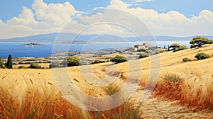 Golden Wheat Fields: A Charming Greek Island Landscape